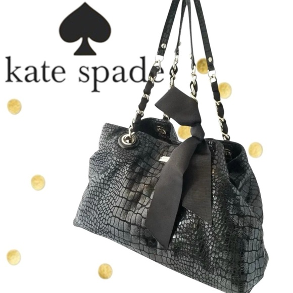Kate Spade Black Patent Leather Croc Pattern Shoulder Bag Satchel Tote EUC - Picture 1 of 16